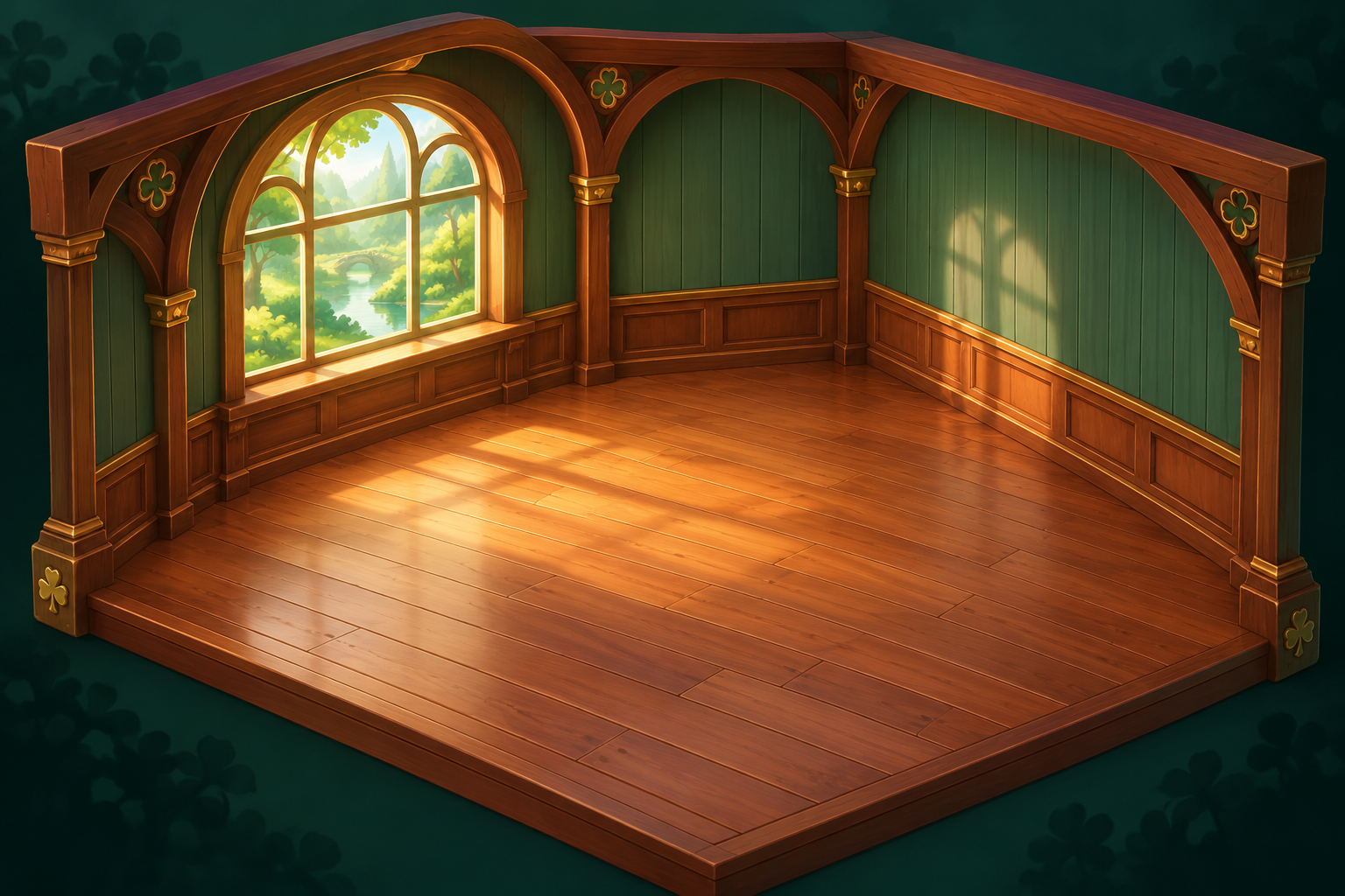 An empty, warmly lit emerald cottage with a wooden floor and a woodland window